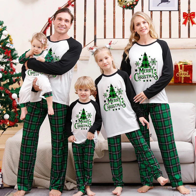 Christmas Family Pajamas Matching Set Green & White